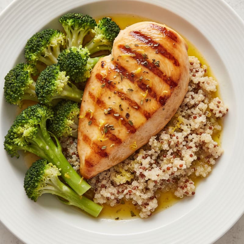 Grilled Lemon Herb Chicken Breast with Steamed Broccoli and Quinoa