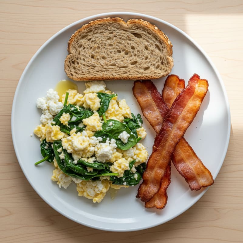 Cottage Cheese Scramble with Spinach and Turkey Bacon