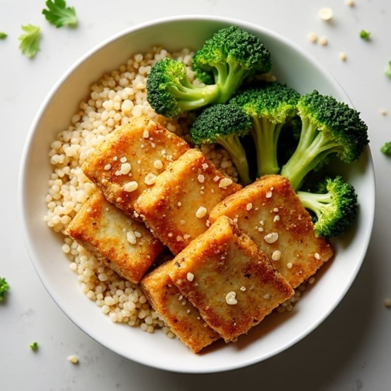 Crispy Baked Tofu with Quinoa and Steamed Broccoli