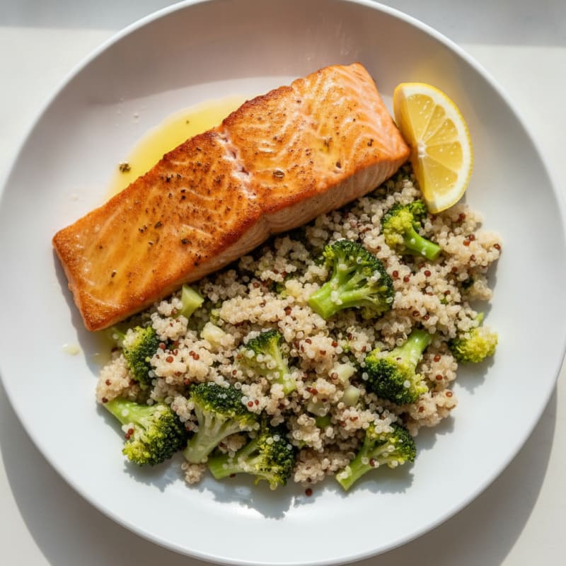 Seared Salmon with Steamed Broccoli and Quinoa