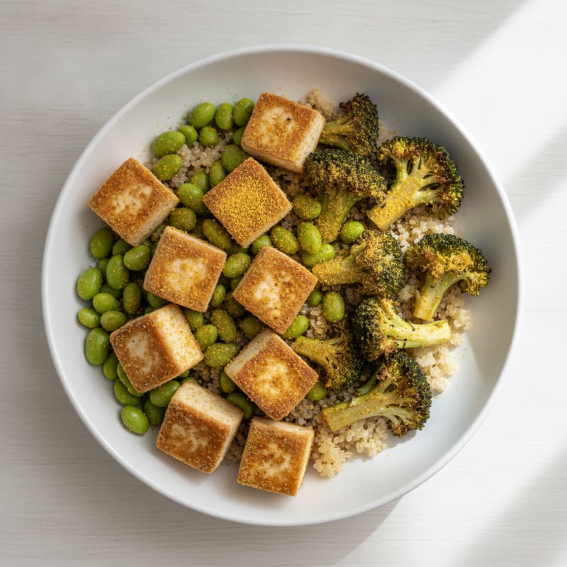 Crispy Tofu and Edamame Power Bowl with Quinoa and Roasted Broccoli