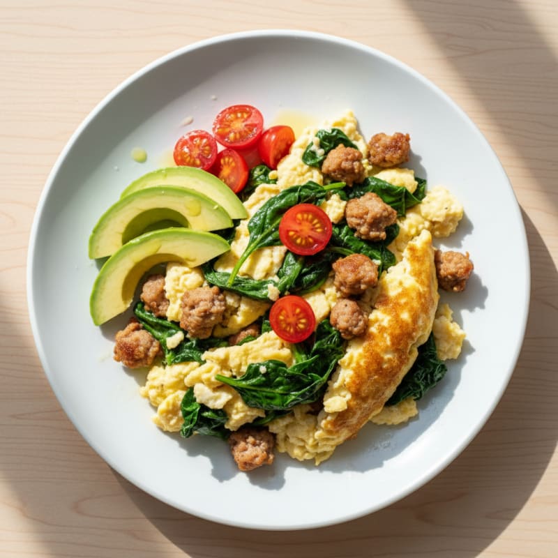 Egg White Scramble with Turkey Sausage and Sautéed Spinach