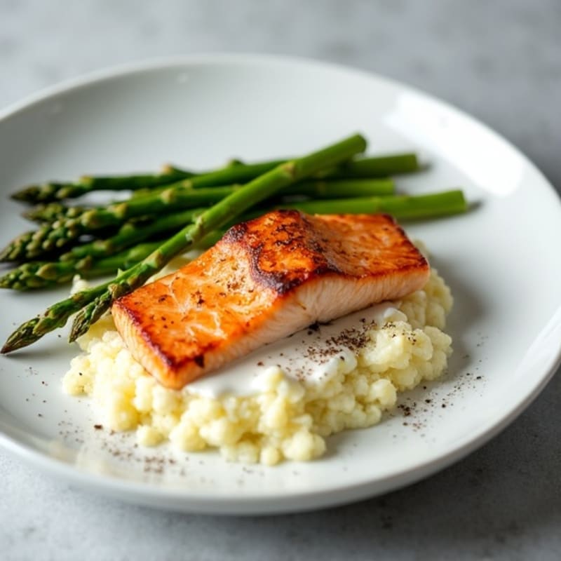 Seared Salmon with Steamed Asparagus and Cauliflower Mash