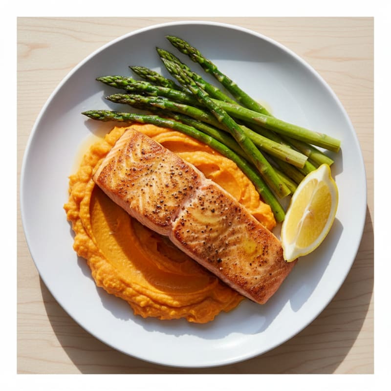 Seared Salmon with Roasted Asparagus and Sweet Potato Mash