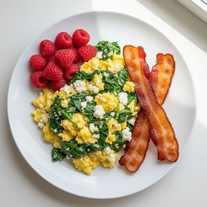 Cottage Cheese Egg Scramble with Spinach and Turkey Bacon
