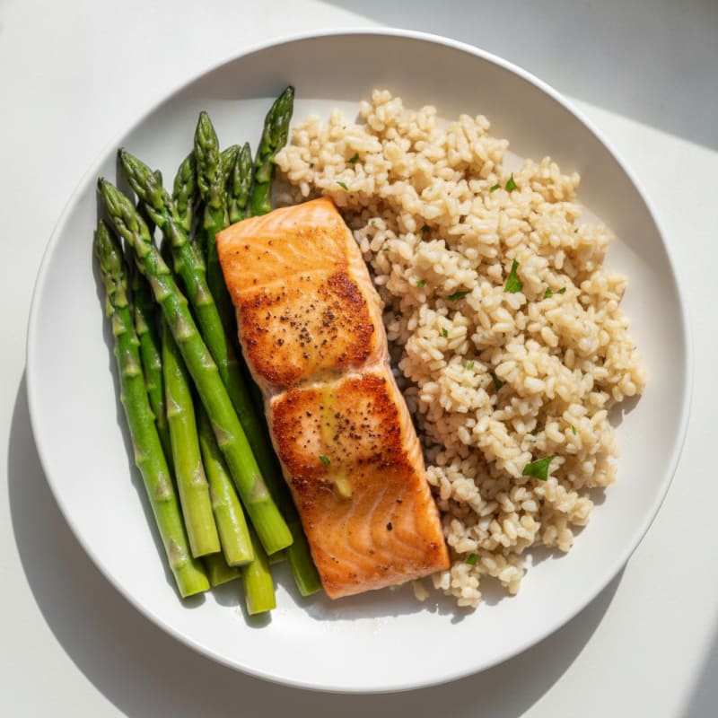 Seared Salmon with Steamed Asparagus and Brown Rice