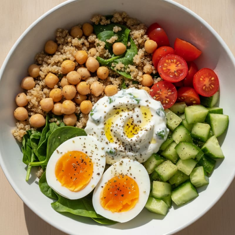 Mediterranean Quinoa Bowl with Jammy Eggs