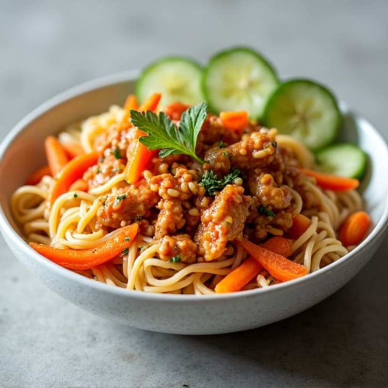 Spicy Ground Chicken and Noodle Bowl with Creamy Sesame Sauce