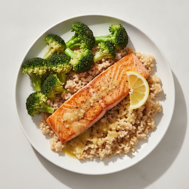 Pan-Seared Salmon with Steamed Broccoli and Brown Rice