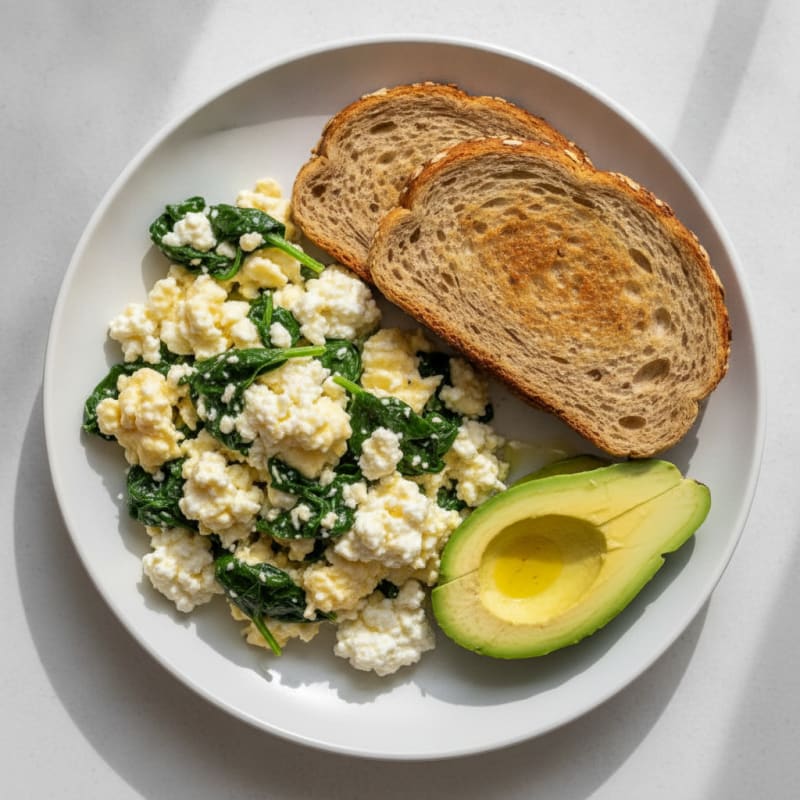Cottage Cheese and Egg White Scramble with Sautéed Spinach