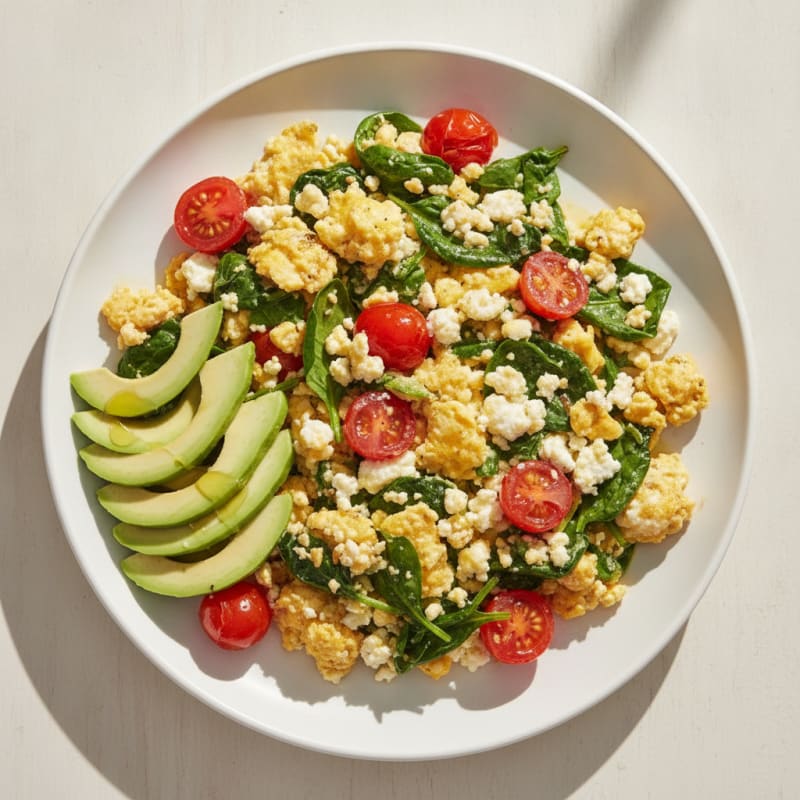 Cottage Cheese and Egg Scramble with Spinach and Cherry Tomatoes