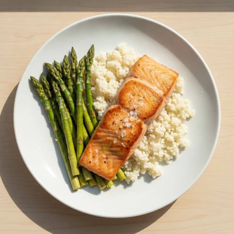 Seared Salmon with Roasted Asparagus and Cauliflower Rice