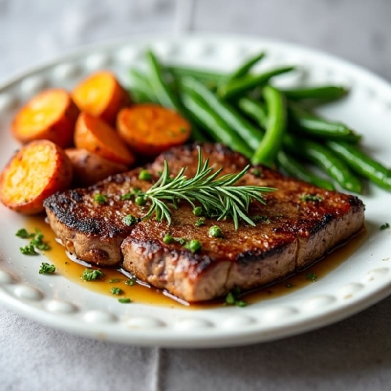 Garlic Herb Seared Steak with Crispy Roasted Sweet Potatoes and Green Beans