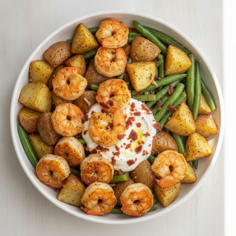 Crispy Shrimp and Roasted Potato Bowl with Green Beans