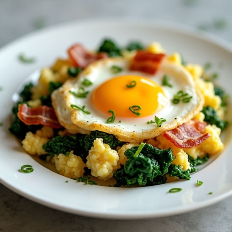 Cottage Cheese Egg Scramble with Sautéed Spinach and Turkey Bacon