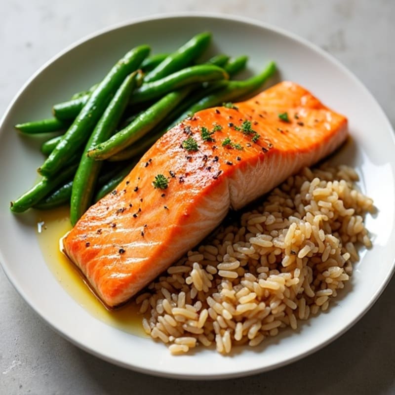 Pan Seared Salmon with Garlicky Green Beans and Brown Rice