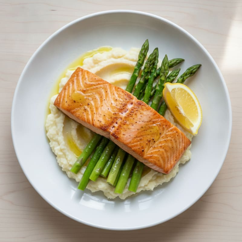 Seared Salmon with Steamed Asparagus and Cauliflower Mash