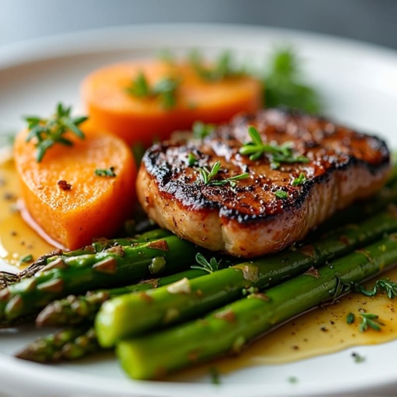Pan-Seared Garlic Herb Steak with Crispy Roasted Asparagus and Sweet Potato