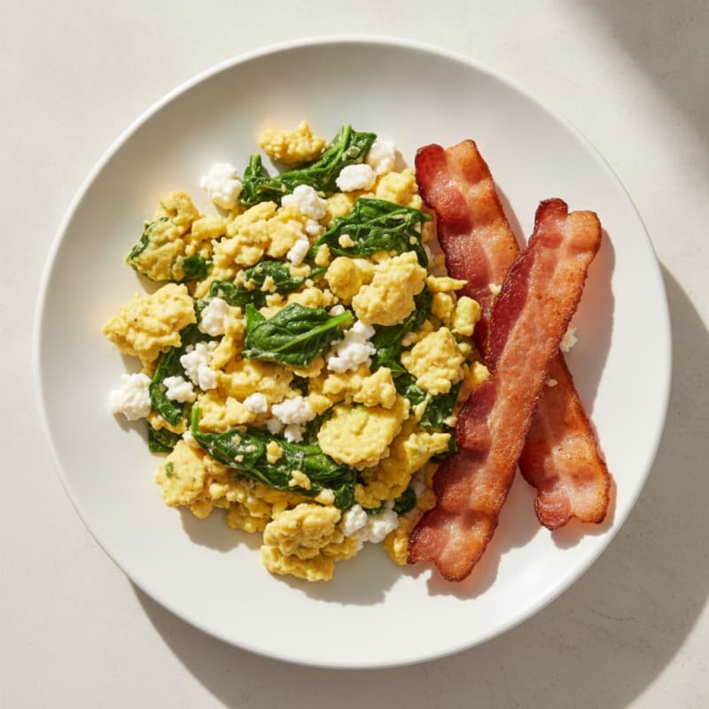 Cottage Cheese Egg Scramble with Spinach and Turkey Bacon