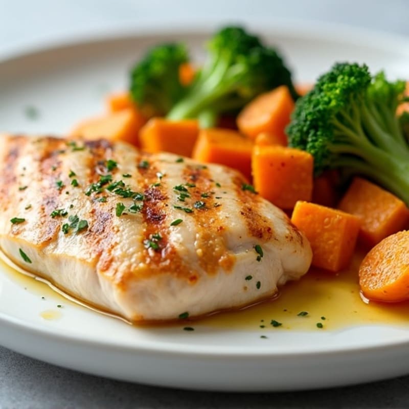 Seared Chicken Breast with Roasted Sweet Potatoes and Steamed Broccoli