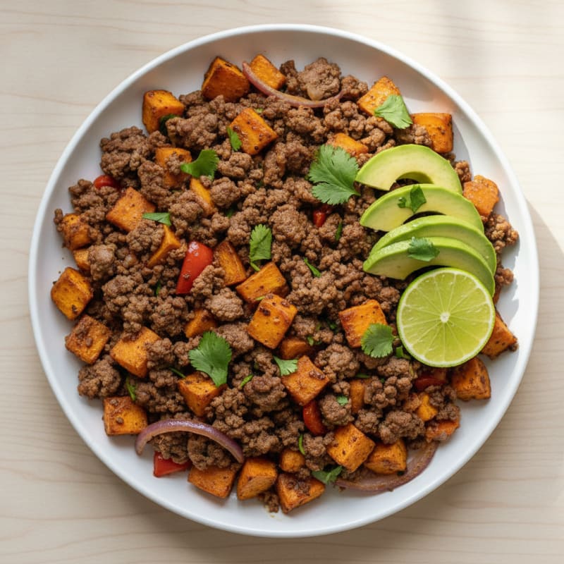 Sheet Pan Ground Beef & Roasted Sweet Potato Bowl