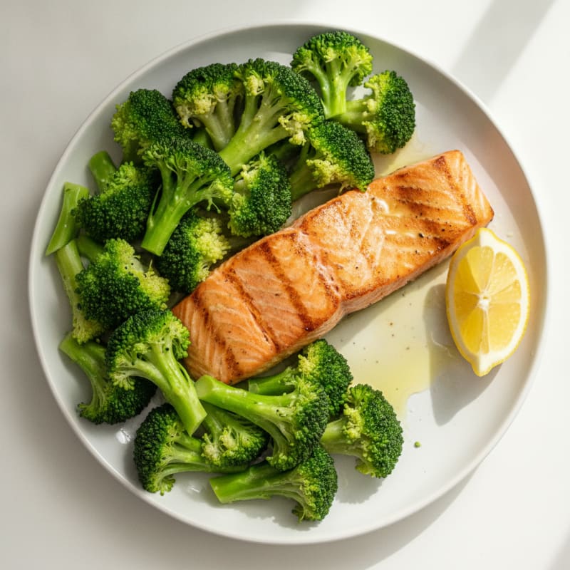 Seared Salmon with Steamed Broccoli and Lemon