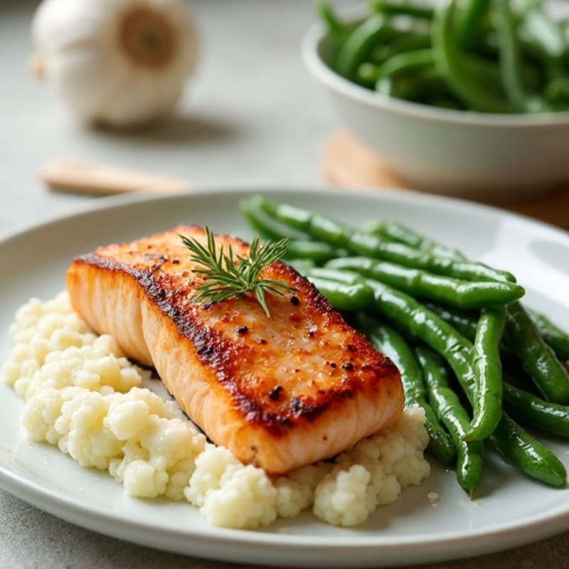 Seared Salmon with Steamed Green Beans and Garlic Mashed Cauliflower