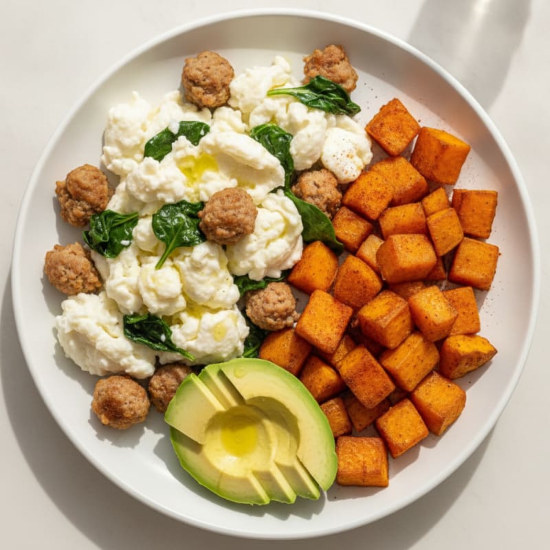 Egg White Scramble with Chicken Sausage and Roasted Sweet Potatoes