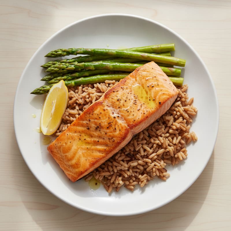 Seared Salmon with Steamed Asparagus and Brown Rice