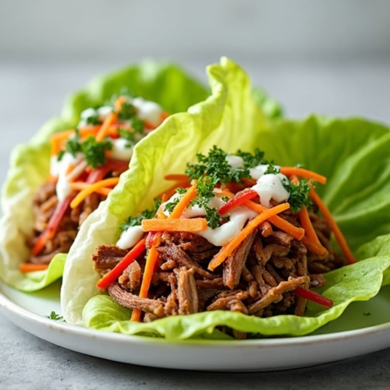 Lean Slow Cooked Pulled Pork Lettuce Wraps with Crunchy Slaw