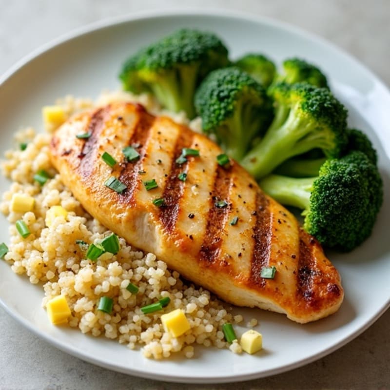 Grilled Lemon Garlic Chicken Breast with Quinoa and Steamed Broccoli