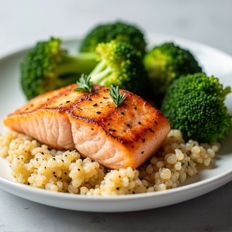 Seared Salmon with Steamed Broccoli and Quinoa