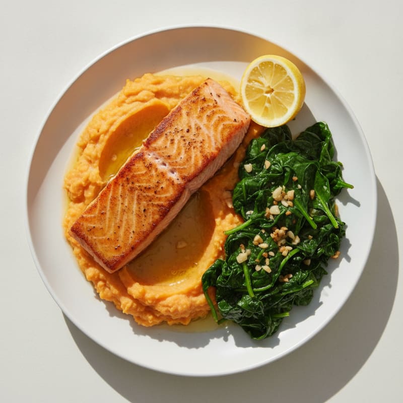 Seared Salmon with Garlic Sautéed Spinach and Sweet Potato Mash