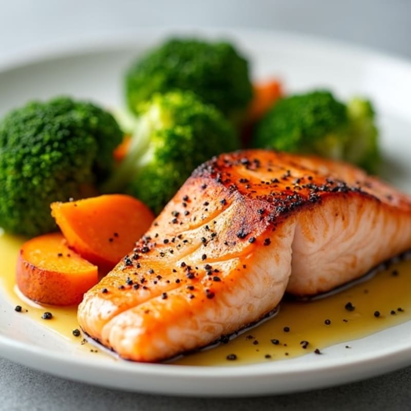 Seared Salmon with Roasted Sweet Potato and Steamed Broccoli