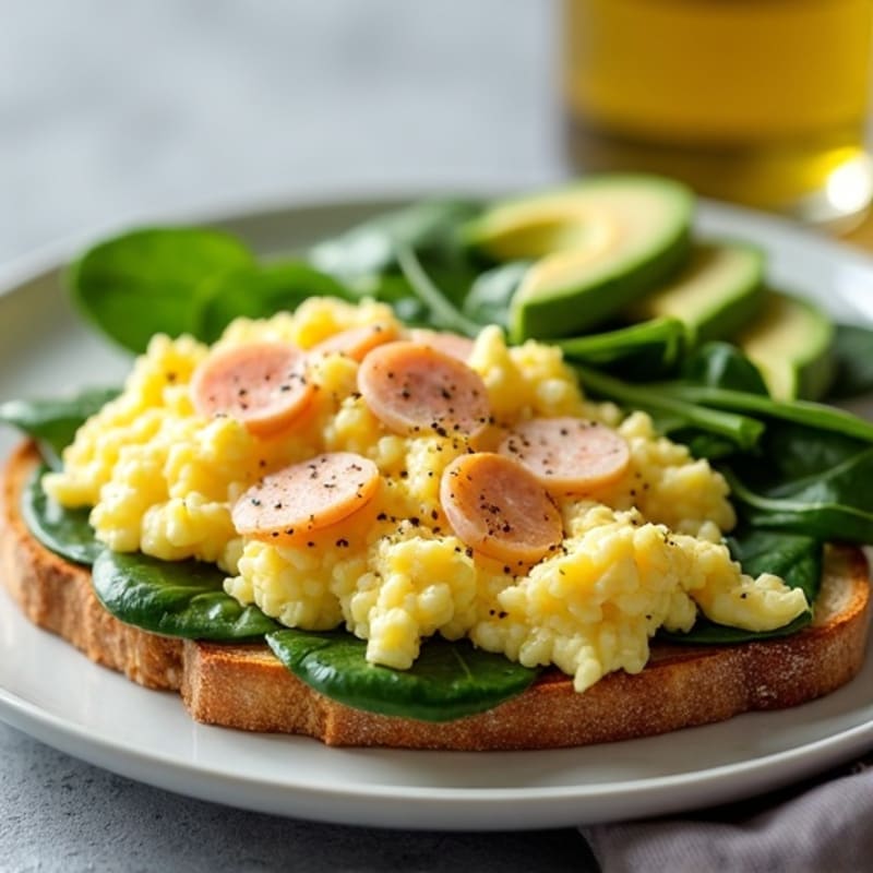 Egg White Scramble with Turkey Breast and Spinach, with Avocado Toast