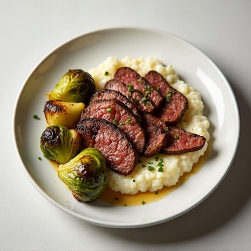 Seared Beef Strips with Cauliflower Mash and Roasted Brussels Sprouts