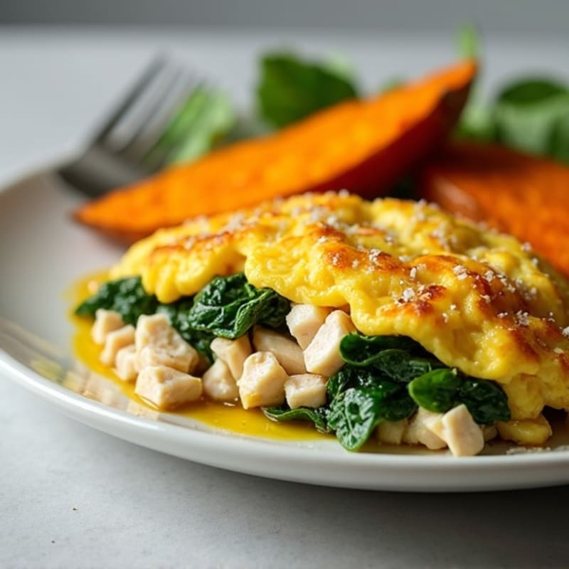 Egg White and Turkey Spinach Scramble with Roasted Sweet Potato
