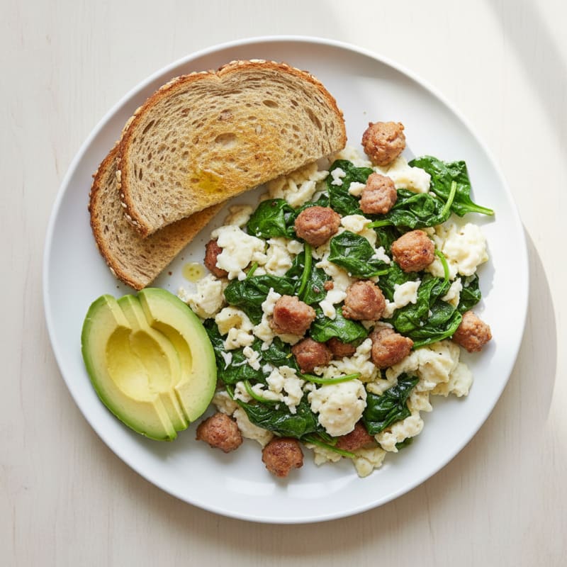 Egg White and Turkey Sausage Scramble with Sautéed Spinach