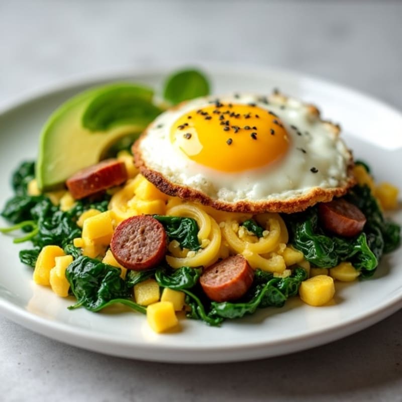 Egg White Scramble with Turkey Sausage and Sautéed Spinach
