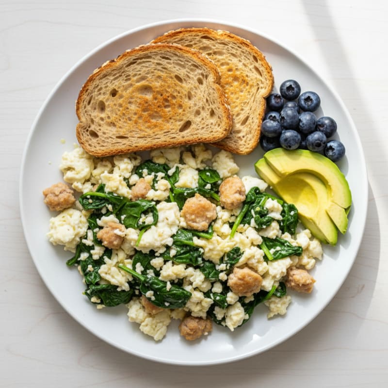 Egg White and Turkey Sausage Scramble with Sautéed Spinach