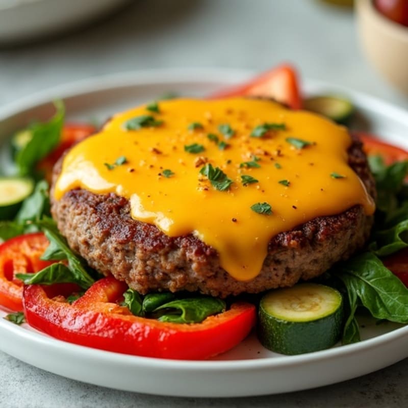 Ground Beef Cheeseburger Skillet with Melted Cheddar and Roasted Veggies