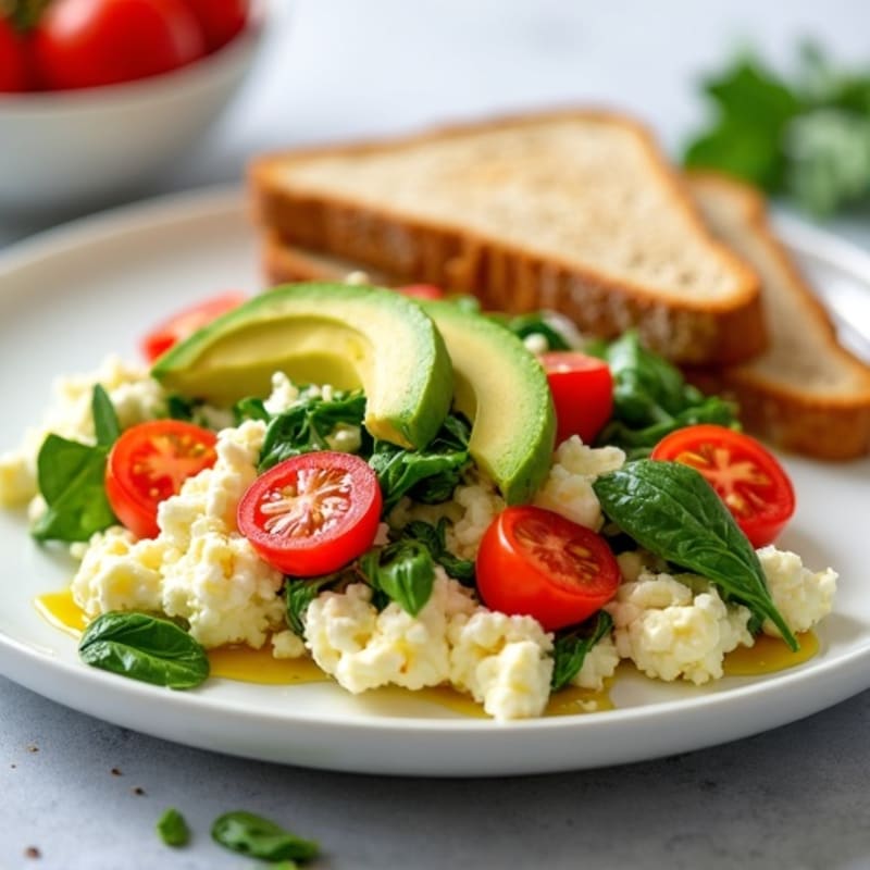 Egg White and Cottage Cheese Scramble with Spinach, Cherry Tomatoes, Avocado & Toast