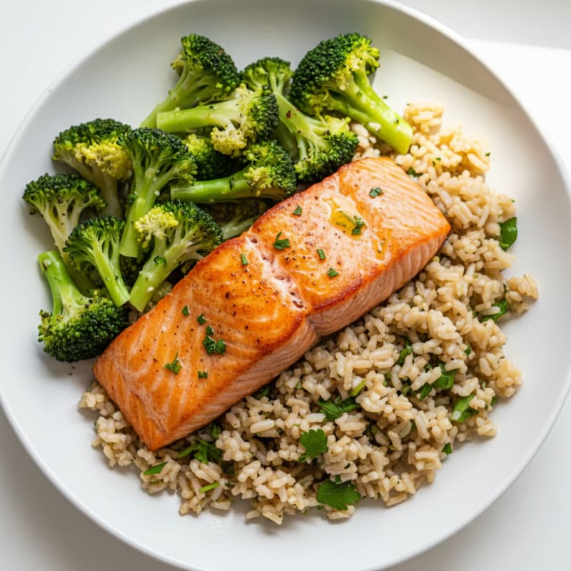 Seared Salmon with Steamed Broccoli and Herb Brown Rice