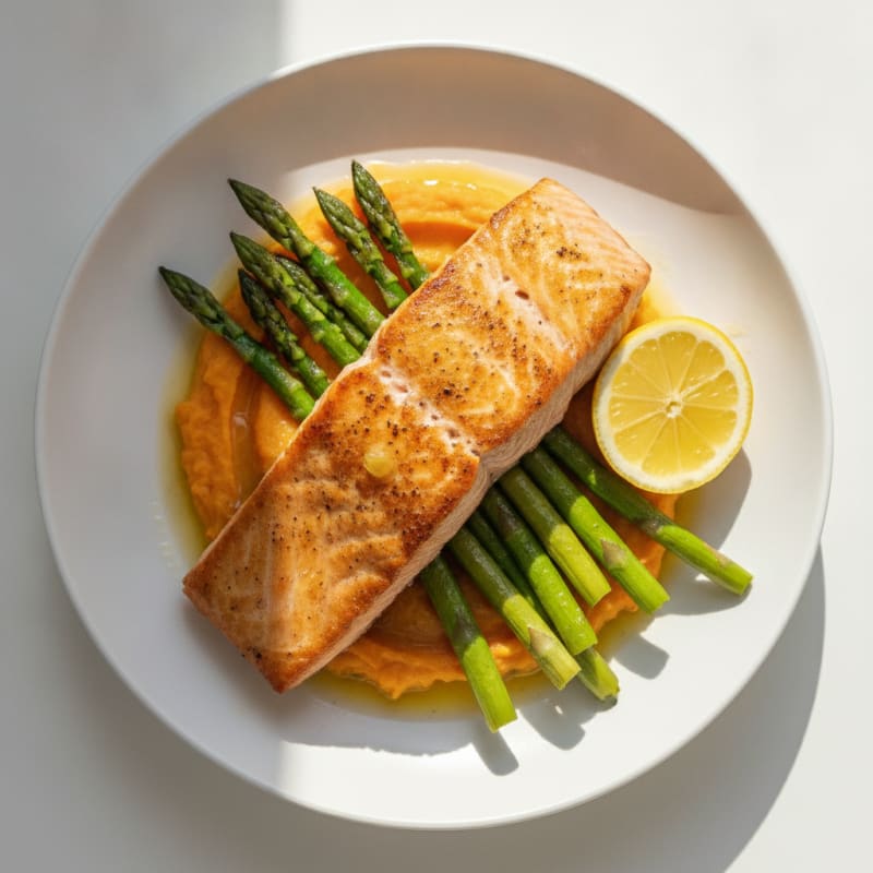 Seared Salmon with Roasted Asparagus and Sweet Potato Mash