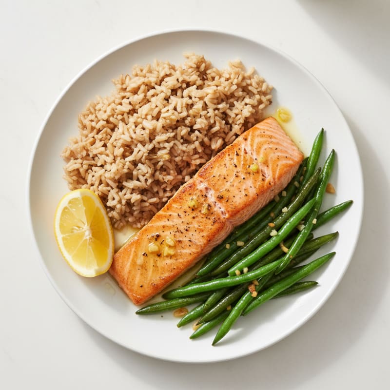 Seared Salmon with Garlic Green Beans and Brown Rice
