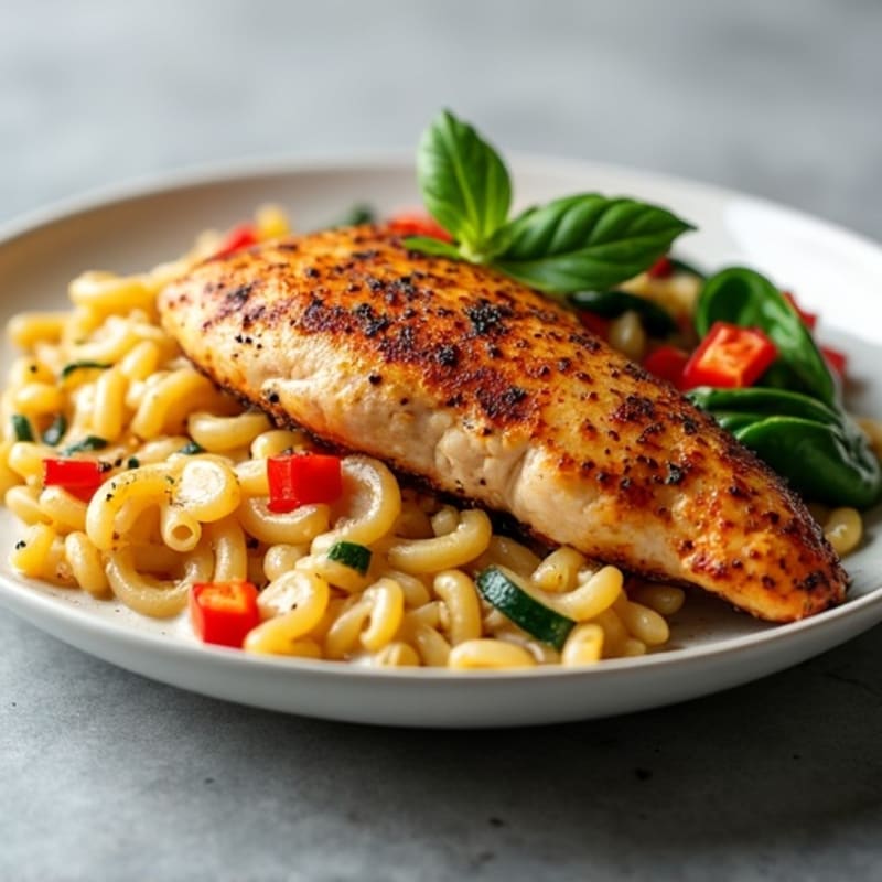 Spicy Blackened Chicken with Creamy Whole Wheat Pasta and Sautéed Vegetables