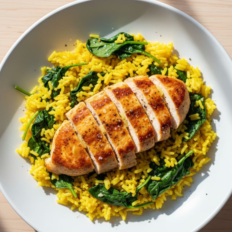Golden Pan-Seared Chicken with Turmeric Rice