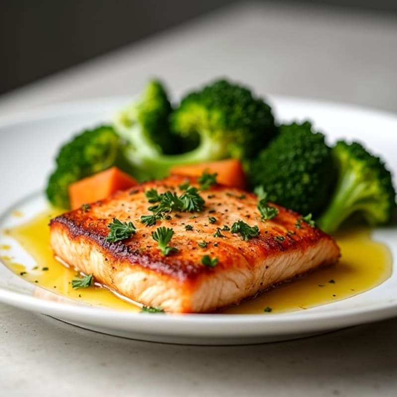 Herb-Seared Salmon with Roasted Sweet Potato and Steamed Broccoli