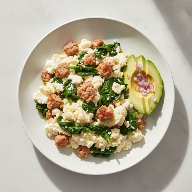 Egg White Scramble with Turkey Sausage and Sautéed Spinach