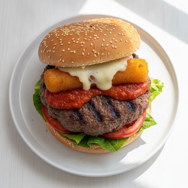 Mozzarella Stick Beef Burger with Marinara